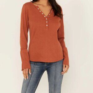 Idyllwind Women's Pearl Snap Henley Top Size L Textured Waffle Knit Western Boho